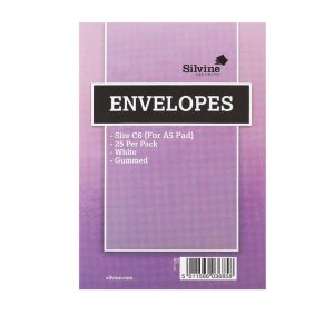 Silvine C6 Gummed Envelopes, White, 25's