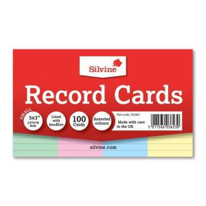 100 Coloured Ruled Record Cards, 127x76mm